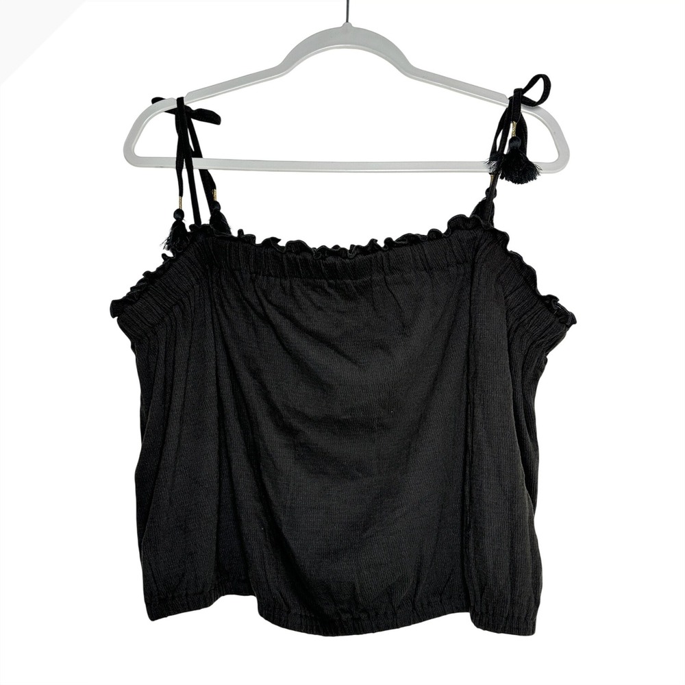 Lucky Brand Womens XL Black Ruffle Tassel Tie‎ Strap Smocked Hem Camisole Top